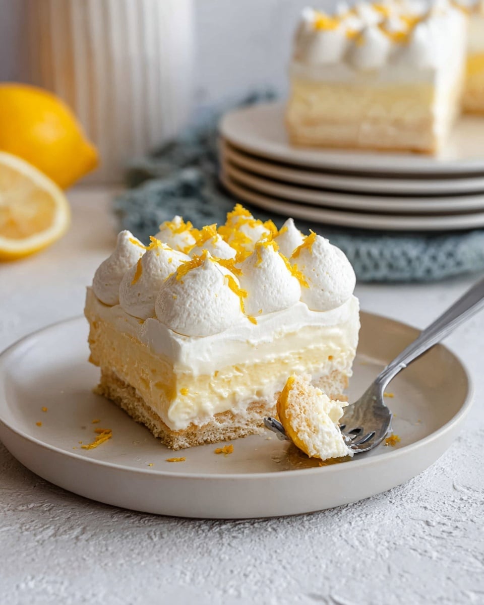 A rectangular white dish filled with a layered dessert. The bottom layer has light brown soaked cake or ladyfingers, topped with a thick, creamy white layer that looks smooth and soft. The top layer consists of large dollops of white whipped cream, arranged in neat rows, with small bits of grated yellow zest sprinkled all over. A corner of the dessert is missing, showing the inside layers clearly. The dish is on a white marbled surface with some yellow lemons placed nearby. Photo taken with an iphone --ar 4:5 --v 7