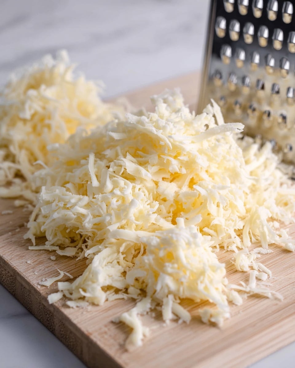 The image shows a close-up view of a light beige wooden board with several large piles of finely shredded pale yellow cheese spread across its surface. The cheese shreds look soft and thin, with a curly texture. In the background, a metal cheese grater with square holes is slightly out of focus, standing upright. The surface beneath and behind the board is a white marbled texture, clean and smooth, which contrasts gently with the natural wooden color and the cheese's light hue. Photo taken with an iphone --ar 4:5 --v 7