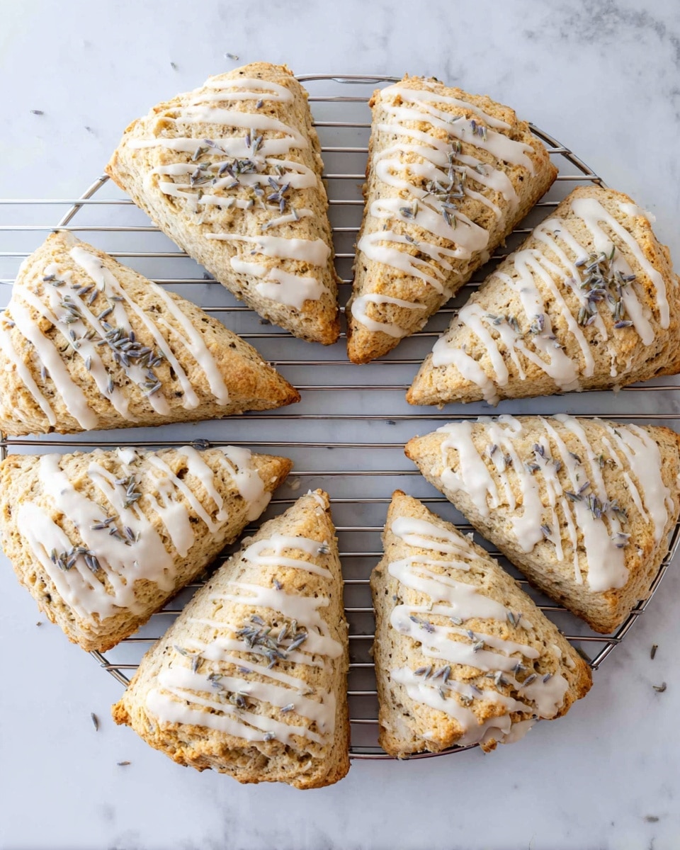 Eight triangular scones are arranged in a circle on a cooling rack above a white marbled surface. Each scone has a pale golden crust with a rough texture and small dried lavender pieces embedded within the dough. The scones are drizzled with thick, white icing in diagonal lines that cover the top surface of each one. Some lavender bits are sprinkled on top of the icing as well. The cooling rack’s thin silver bars are visible beneath the scones. Photo taken with an iphone --ar 4:5 --v 7