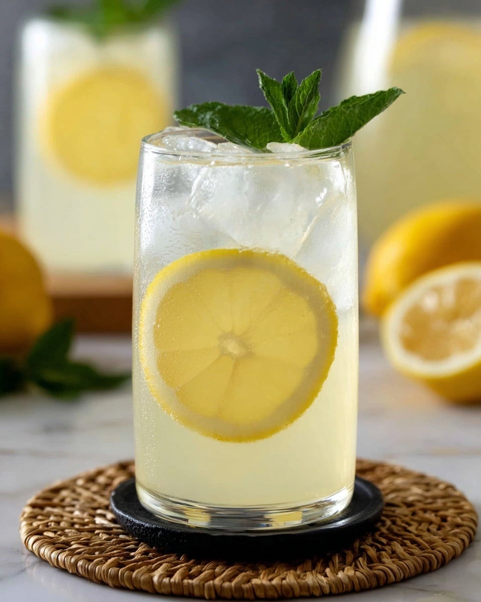 A clear glass filled with a light yellow lemonade sits on a black coaster over a woven mat on a white marbled surface. Inside the glass, there are ice cubes that make the drink look cold and fresh. A large slice of bright yellow lemon is pressed against the glass, showing its round shape and textured peel. At the top of the glass, a small bunch of fresh green mint leaves adds a pop of color. The background is blurred but shows more glasses and lemon slices, all on the white marbled surface. photo taken with an iphone --ar 4:5 --v 7
