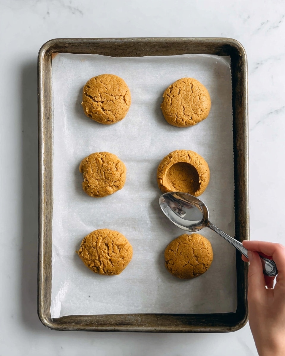 The image shows a metal baking tray lined with white parchment paper on a white marbled surface. There are six round, golden-brown cookie dough balls spaced in two vertical columns on the tray. Each dough ball has a rough texture with some cracks on the surface. A woman's hand is holding a silver spoon pressing into the bottom right dough ball, making a hollow in the center. photo taken with an iphone --ar 4:5 --v 7