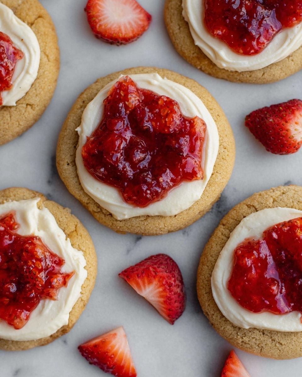 There are several round cookies with a golden brown color and soft texture, each topped with a thick, creamy white layer of frosting spread evenly in the center. On top of the frosting, there is a bright red strawberry jam layer with visible chunks of fresh strawberries, giving it a shiny and slightly chunky texture. The cookies rest on a white marbled surface, with small pieces of fresh strawberries scattered around them. The arrangement is casual and inviting. photo taken with an iphone --ar 4:5 --v 7