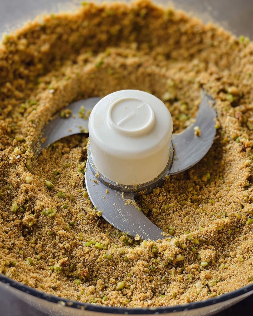 A single-layer round cake with a light brown, crumbly texture sits on a wooden cake stand. The top layer is covered with a smooth, white cream frosting, sprinkled lightly with yellow crumbs or zest. The scene includes a few pistachios scattered on a white marbled surface in the foreground and blurred kitchen items like wooden spoons and a glass oil bottle in the background. Photo taken with an iphone --ar 4:5 --v 7