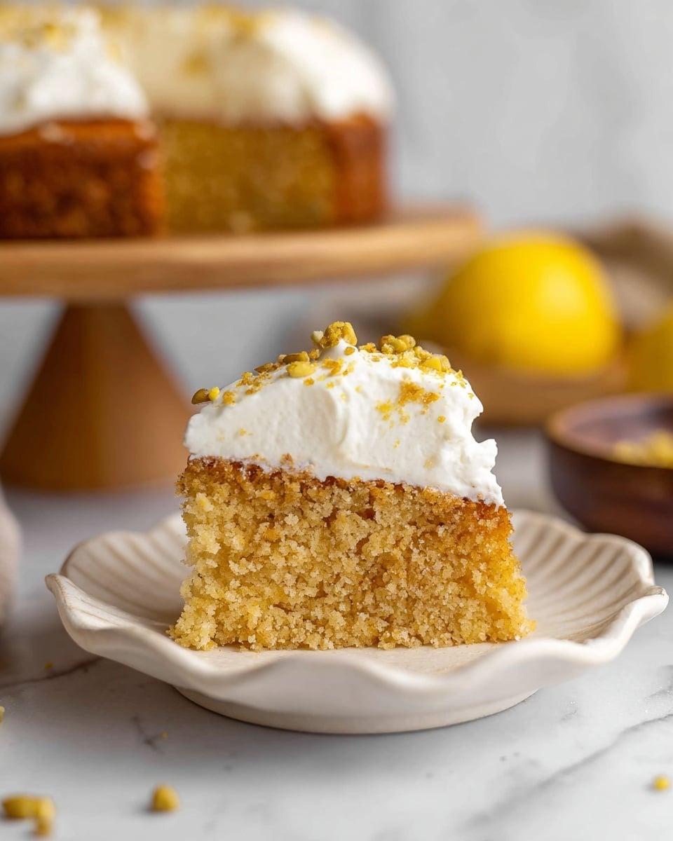 A close-up of a single slice of cake on a white plate with a wavy edge, showing two layers: the bottom layer is a thick, crumbly golden brown cake with a coarse texture, while the top layer is a smooth, fluffy white cream with small golden crumbs sprinkled on top, sitting on a white marbled surface; in the blurred background, part of the whole cake is visible on a wooden stand, along with some yellow lemons and a brown bowl. photo taken with an iphone --ar 4:5 --v 7