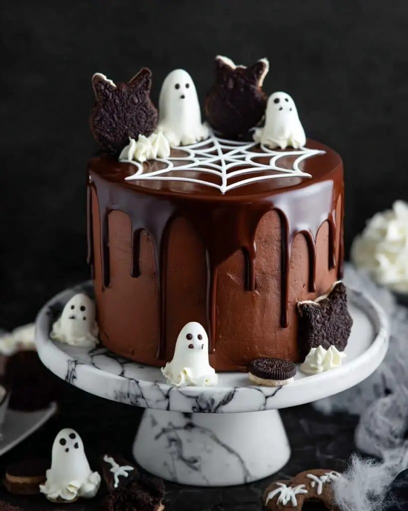 Chocolate Brownie Cake with Meringue Ghosts and Ganache Recipe