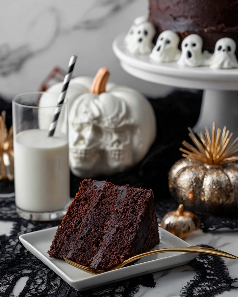 A tall, round chocolate cake with a smooth dark chocolate frosting base and a shiny chocolate ganache dripping over the edges is shown. On top, there is a white spider web design made with thin lines of white icing, with three small ghost shapes made of white whipped cream with black eyes placed centrally. Around the ghosts, three dark chocolate cookie shapes look like bats and a cat, each with small white icing details for eyes and outline. The cake sits on a white cake stand with white marbled texture, surrounded by more white whipped cream ghosts and chocolate cookie shapes near the base. The background is a dark black, and the overall scene has a Halloween spooky theme. Photo taken with an iphone --ar 4:5 --v 7