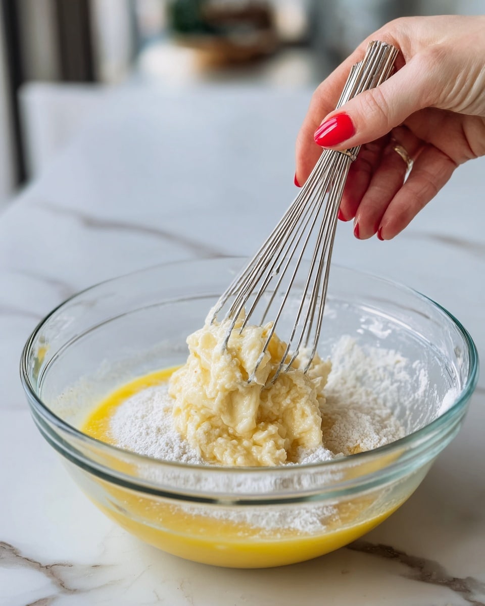 A clear glass bowl sits on a white marbled surface, containing two main layers: a wet yellow layer of liquid or melted butter at the bottom and a white granular layer of sugar on top. A silver whisk held by a woman's hand with red painted nails is in the bowl, lifting part of the mixture that looks lumpy and creamy with both yellow and white parts mixed together. The background shows a blurred kitchen setting. Photo taken with an iphone --ar 4:5 --v 7