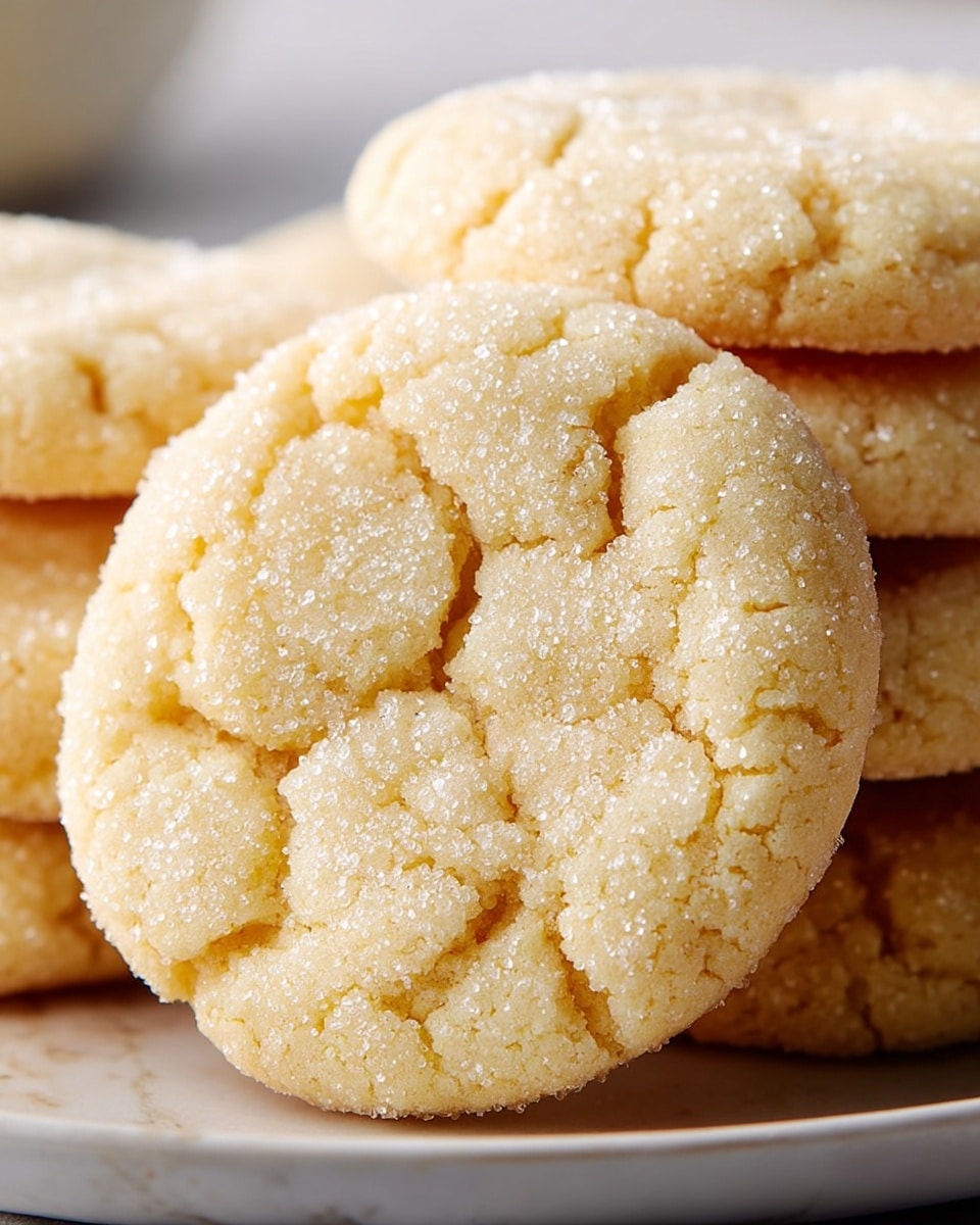 A close-up view of a stack of round sugar cookies with a light golden color is shown on a white plate; the cookies have a cracked surface, and each crack is filled with granulated sugar that sparkles in the light, giving the cookies a textured, sugary coating. The cookies have a soft, slightly textured look, and the background is a white marbled texture. photo taken with an iphone --ar 4:5 --v 7