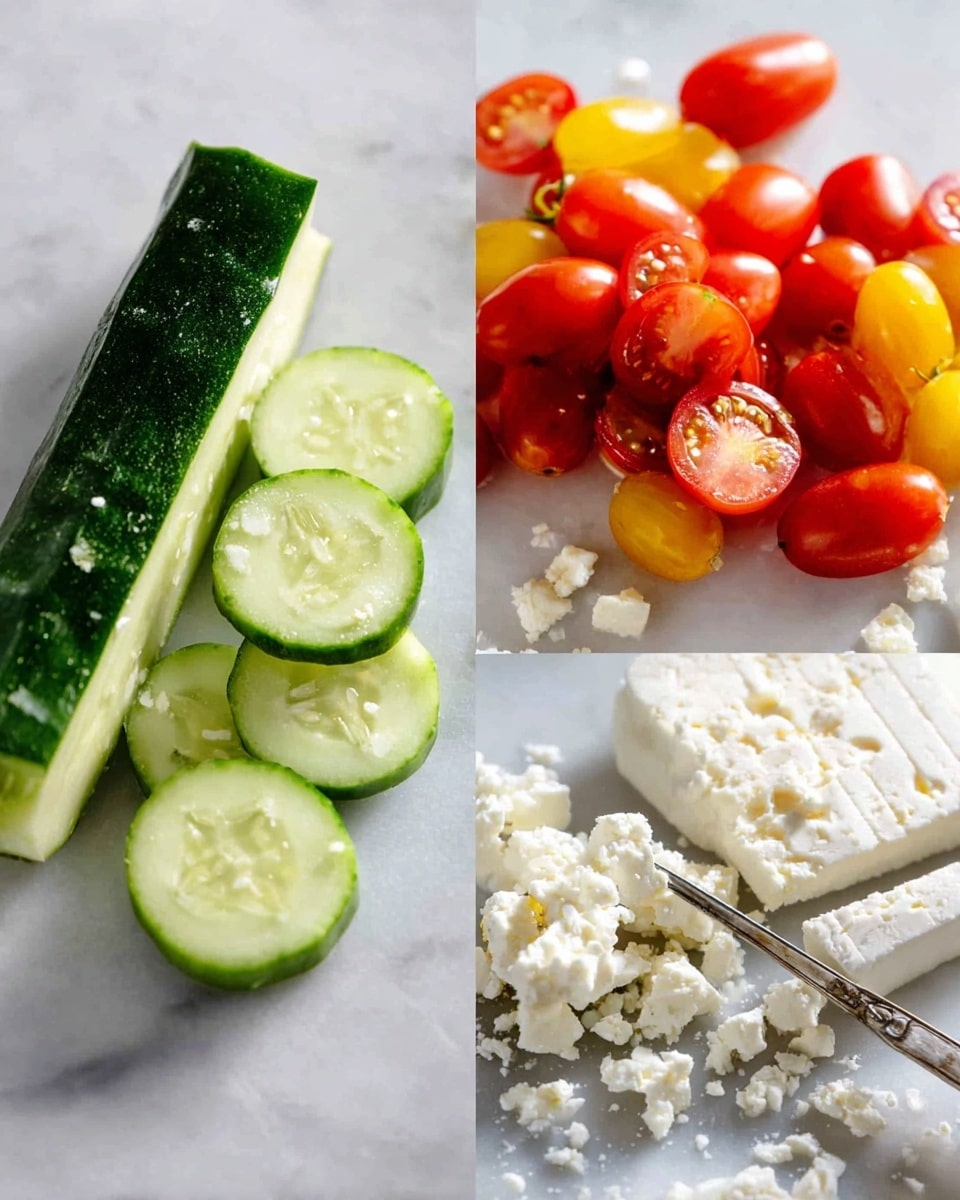The image shows three close-up sections of ingredients on a white marbled surface: on the left, a peeled cucumber with dark green skin partially removed, some slices of cucumber with smooth texture lay beside it; in the center, a pile of halved cherry tomatoes in bright red and yellow colors with a white knife blade visible on the right side; and on the right, a block of white crumbly cheese next to crumbled pieces with a small silver fork stuck in the cheese block. The overall scene is bright and clean. Photo taken with an iphone --ar 4:5 --v 7