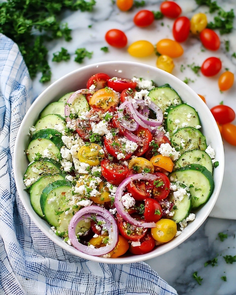A white bowl filled with a fresh salad showing three main layers: the bottom layer has green cucumber slices with dark green skin and light green inside; the middle layer contains bright red and yellow grape tomatoes, some whole and some sliced in half; the top layer has thin strips of purple-red onion mixed with white crumbled cheese scattered throughout. The salad is lightly sprinkled with black pepper and finely chopped green herbs. The bowl sits on a white marbled surface, next to a white and blue checkered cloth with scattered small tomatoes and green parsley. Photo taken with an iphone --ar 4:5 --v 7