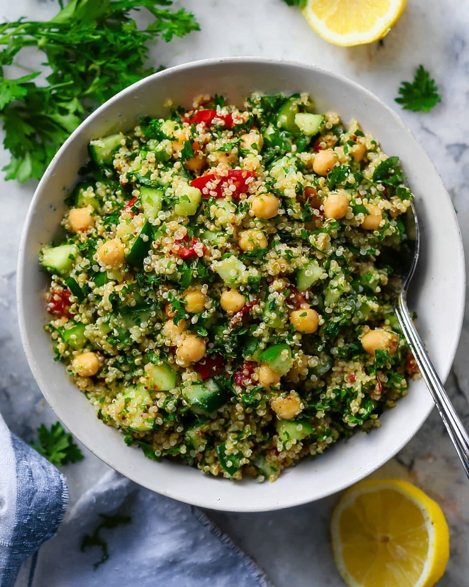 A white plate holds a colorful quinoa salad mixed with small green cucumber pieces, chopped parsley, red tomato bits, and chickpeas with a light textured look. The salad covers the middle and upper right of the plate. On the lower left of the plate, torn pieces of light brown flatbread appear soft with a smooth surface. A metal fork rests on the right edge of the plate. Above and to the right of the plate is a white bowl filled with the same quinoa salad, showing the fresh mix of green, red, and beige colors. The background has a soft white marbled texture with some green parsley leaves placed around. Photo taken with an iphone --ar 4:5 --v 7
