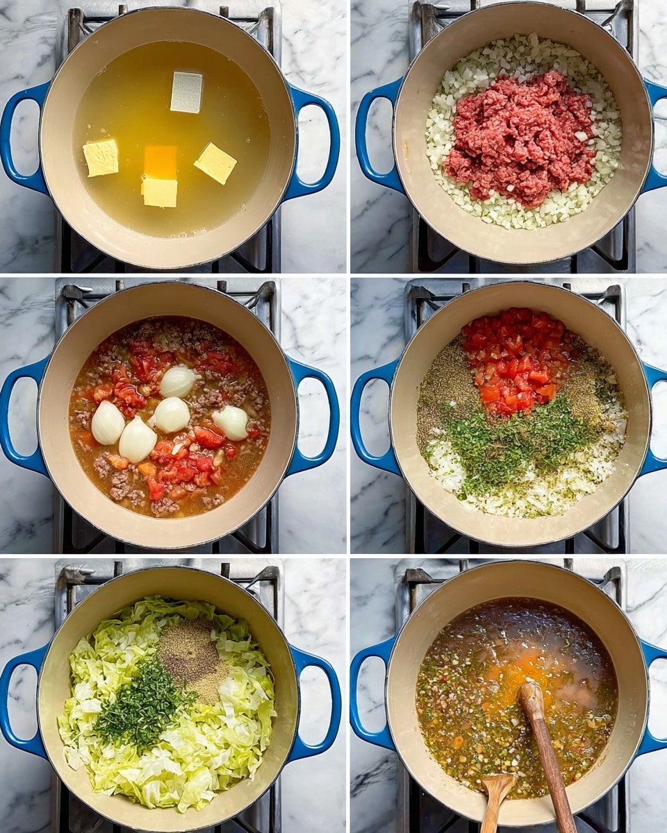 A blue pot with a light beige inside sits on a stovetop with a white marbled background. In the first image, two small squares of yellow butter melt in a shallow layer of liquid. The second image shows a layer of finely chopped white onions added on top of the melted butter. The third image adds a large mound of raw red ground beef with small pieces of chopped garlic on top of the onions and butter. The fourth image adds a thick layer of roughly chopped green cabbage covering the beef mixture. The fifth image adds several ingredients on top of the cabbage, including bright red chunks of tomato, green herbs, and spices, distributed in separate piles forming a multi-colored layer. In the sixth image, a woman's hand pours light yellow broth into the pot, mixing with the ingredients below. The seventh image shows a watery mix with floating cabbage and herbs, topped by a pile of dry light beige rice in the center. The final image shows the pot bubbling with a brownish stew-like mixture, where chopped cabbage, herbs, and pieces of egg are visible, and a wooden spoon stirs the contents. Photo taken with an iphone --ar 4:5 --v 7
