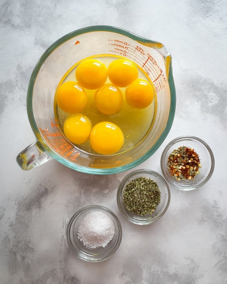 The image shows a yellow omelette cooked in a black pan, containing layers of green asparagus stalks arranged across the surface, small green broccoli pieces, diced red bell peppers, and small white cheese crumbles scattered on top. There are also small beige square pieces evenly distributed. One slice of the omelette has been taken out, and two silver forks rest on the pan near the removed piece. The background surface is a white marbled texture. Photo taken with an iphone --ar 4:5 --v 7