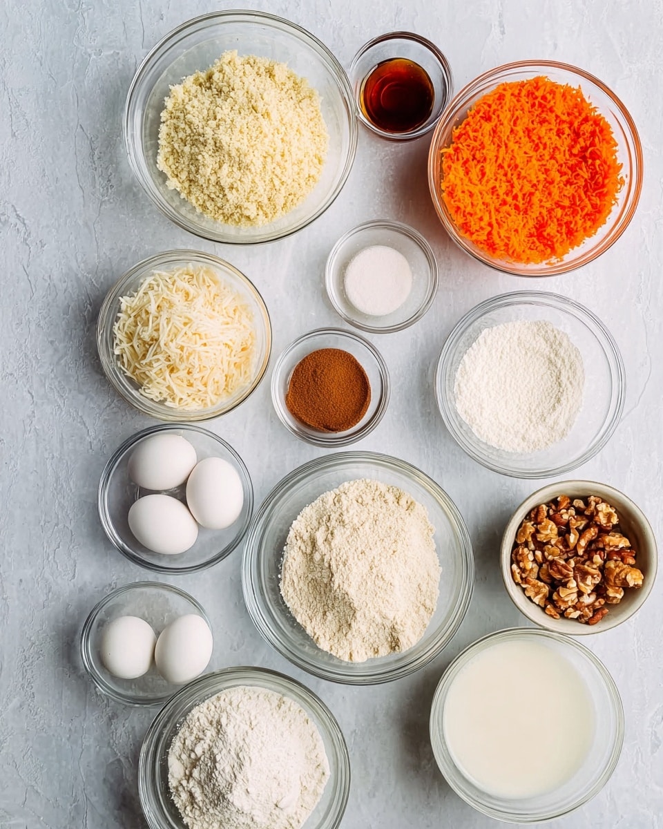 A square cake is cut into twelve pieces on brown parchment paper, each piece showing two layers: a moist brown base layer and a thick layer of white frosting on top. The frosting is smooth with chopped pecans sprinkled evenly over it. To the upper right, three bright orange carrots rest on a black wire rack. A knife with a silver handle lies on the white marbled surface next to the cake. Nearby, a small white bowl with plain cream and a small cup with some nuts are placed on the table. A fork with a silver handle is also visible on the left side, and a dark gray cloth is draped near the top. A green plant is partly visible at the bottom right corner. Photo taken with an iphone --ar 4:5 --v 7