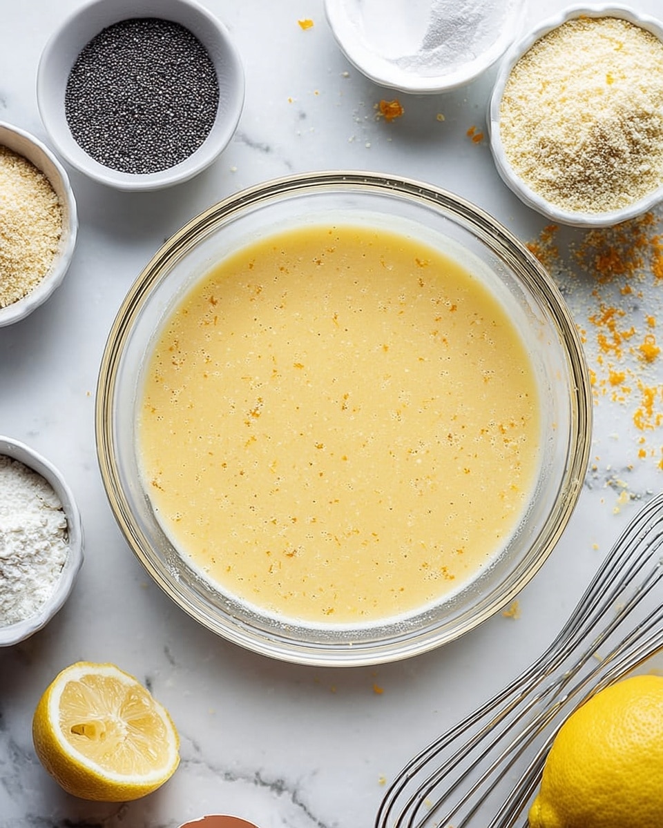 A clear glass bowl is centered on a white marbled surface, filled with a light yellow, smooth liquid mixture with small specks of orange zest floating throughout. Surrounding the bowl are various small white bowls holding coarse almond flour, black poppy seeds, a cracked white eggshell, and different white powders. There is also a halved lemon with a bright yellow color, visible lemon zest scattered around, and a metal whisk lying on the surface to the right. The scene is well-lit and clean, showing a simple and fresh baking preparation in progress. photo taken with an iphone --ar 4:5 --v 7