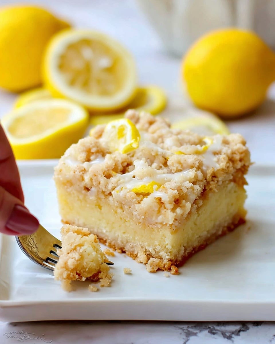 A single square piece of lemon crumb cake sits on a white plate with a white marbled texture in the background. The cake has two visible layers: a dense, pale yellow base and a crumbly, light yellow topping that looks soft and textured. The topping has some small chunks and a light glaze that adds shine. A woman's hand holds a small silver fork with a piece of the crumb cake near the bottom left of the plate. Around the cake, there are fresh lemon slices and whole lemons placed casually. Photo taken with an iphone --ar 4:5 --v 7