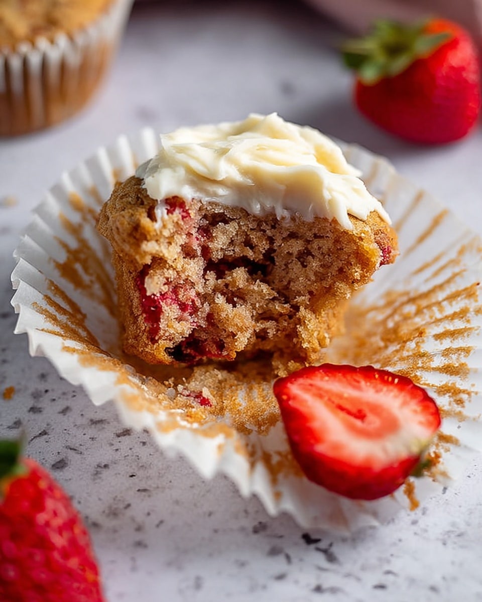 The image shows a close-up of a half-eaten muffin on a white paper liner that is sitting on a white marbled surface. The muffin has a light brown color with a slightly crumbly texture and bits of red strawberry inside. On top of the muffin, there is a dollop of creamy white frosting. Next to the muffin, there is a fresh strawberry cut in half showing its juicy red flesh and green stem. Another part of a strawberry is visible near the muffin. The scene is bright and detailed, capturing the soft crumb and creamy topping clearly. photo taken with an iphone --ar 4:5 --v 7