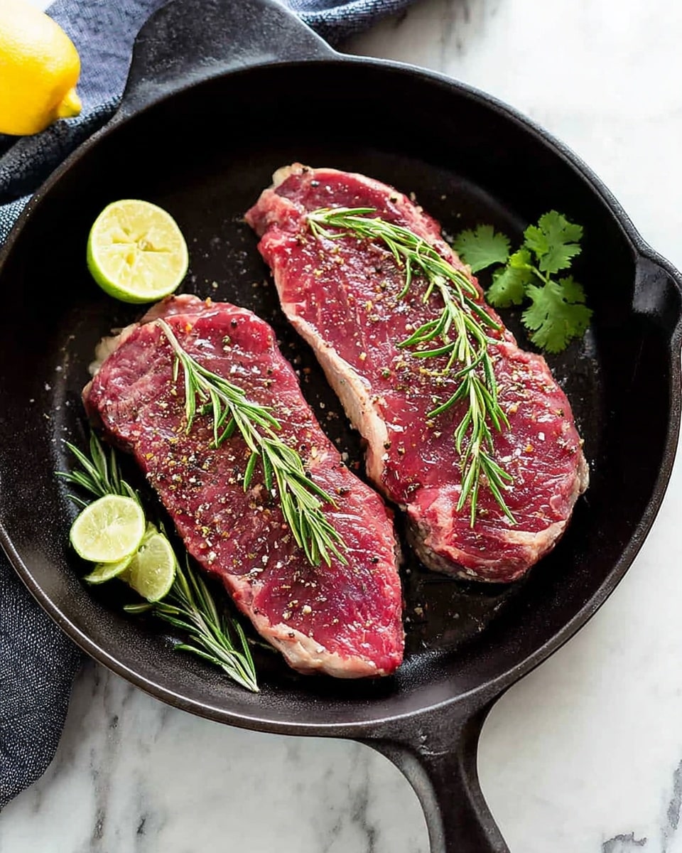 The image shows two browned steak pieces in a black skillet pan, cooking in melted butter that covers the bottom of the pan with slight bubbling. The steaks have a textured surface with a golden-brown crust and are sprinkled with small chopped green herbs. A sprig of fresh rosemary lies next to the steaks on the left side of the pan. Some green parsley leaves are placed near the pan, resting on a white marbled surface. There is a silver fork in the upper right corner and a gray cloth partially visible in the top left. Photo taken with an iphone --ar 4:5 --v 7