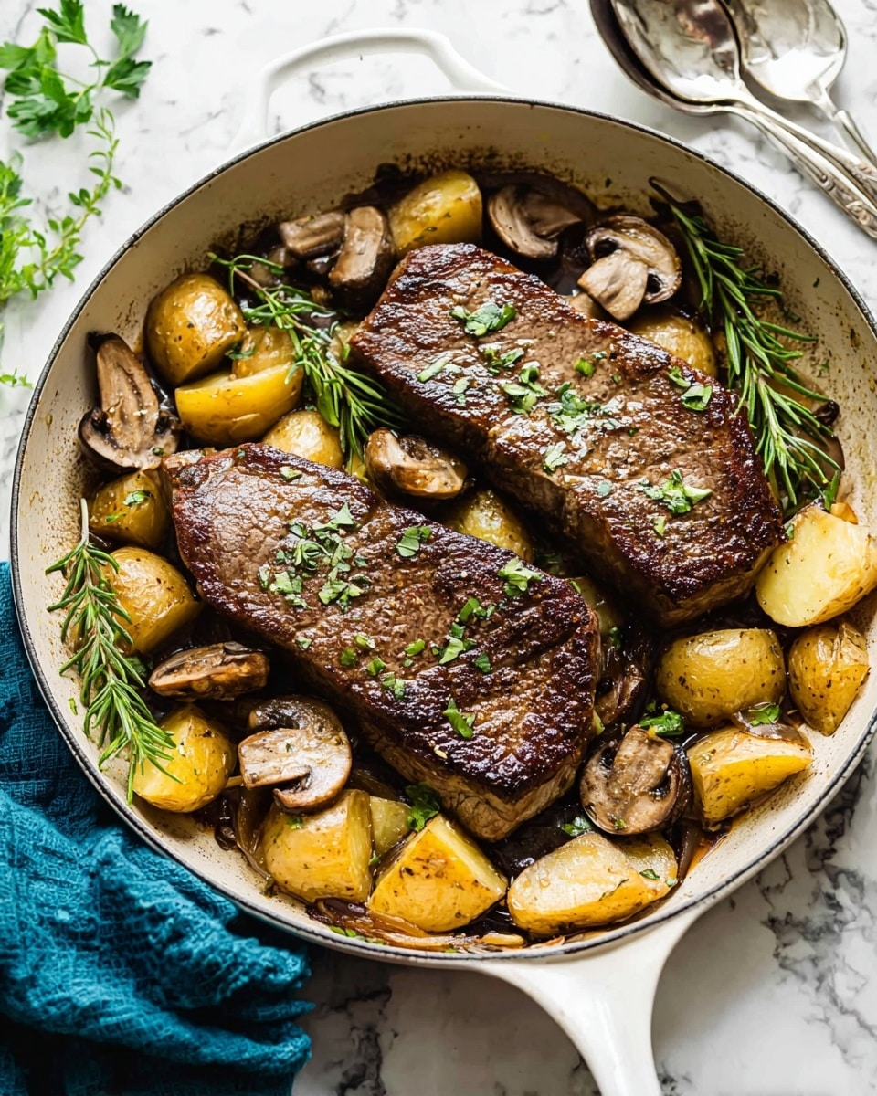 Two thick, brown steaks with grill marks sit in a white pan, surrounded by golden-brown potato chunks and light brown sliced mushrooms. Fresh green herbs like rosemary and parsley are scattered on top and around for color. The pan has a white handle, and the background shows a white marbled surface with some silver spoons and a blue cloth nearby. The scene looks warm and inviting, with slight oil shine on the food. photo taken with an iphone --ar 4:5 --v 7