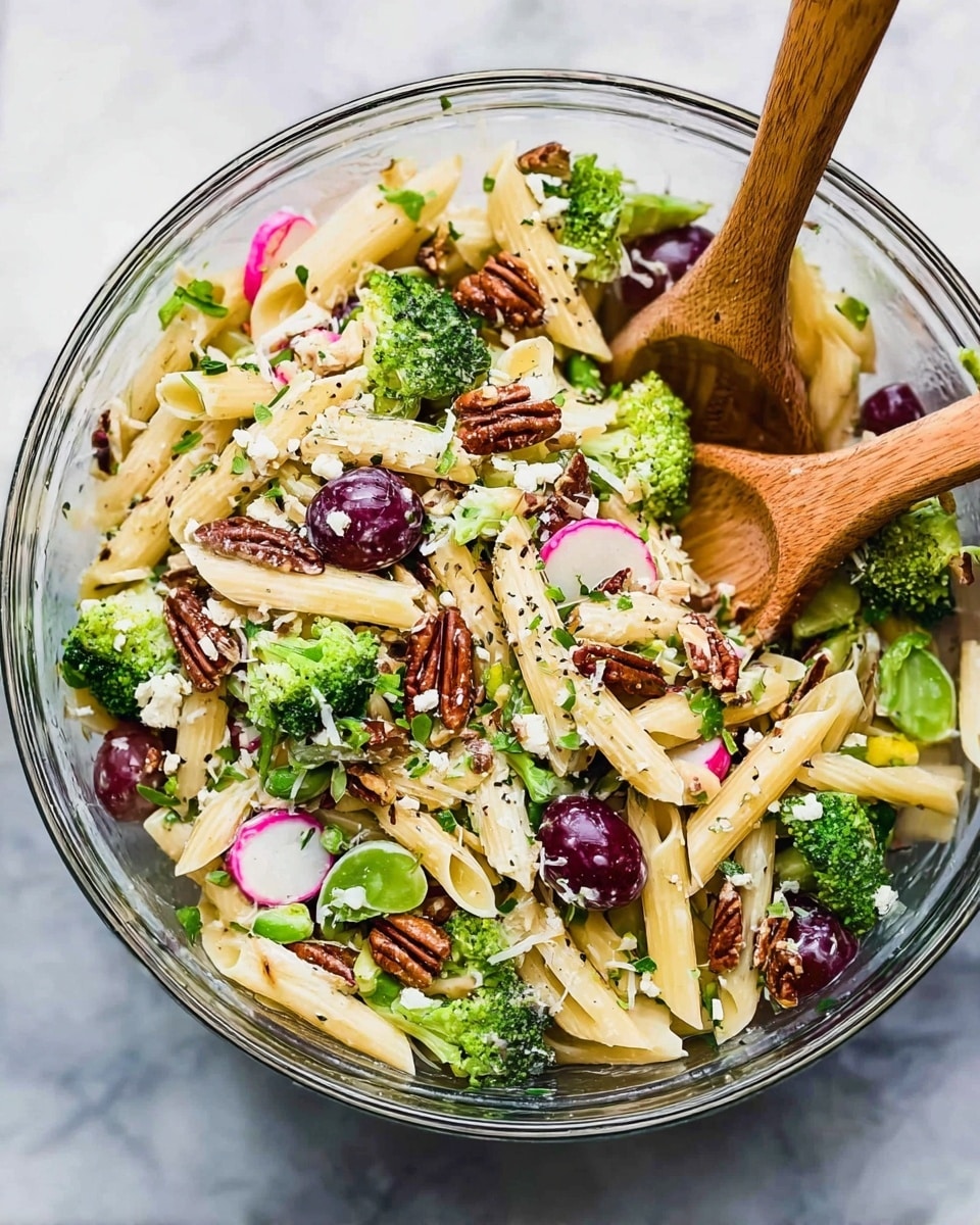 A clear glass bowl filled with a colorful pasta salad sits on a white marbled surface. The salad has several layers: pale yellow penne pasta as the base, mixed with bright green broccoli florets and slices of dark red grapes. There are also thin slices of radish with pink edges and white centers, and torn green leafy pieces. Scattered on top are chopped pecans and small white cheese crumbles, all lightly sprinkled with black pepper and some green herbs. Two wooden spoons rest inside the bowl, ready to mix. Photo taken with an iphone --ar 4:5 --v 7