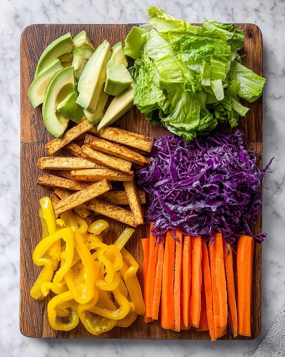 The image shows five fresh spring rolls arranged on a round wooden board with a handle. Each roll has a see-through thin rice paper layer, revealing long, colorful vegetable strips inside: orange carrots, green cucumbers, yellow bell peppers, purple cabbage, and some light green lettuce. On the top right, a white plate holds two more spring rolls, one of which is sliced in half to show the inside layers more clearly. Below the board, there is a small white bowl filled with thick brown dipping sauce. The surface beneath is a white marbled texture with small purple cabbage pieces scattered around. Photo taken with an iphone --ar 4:5 --v 7