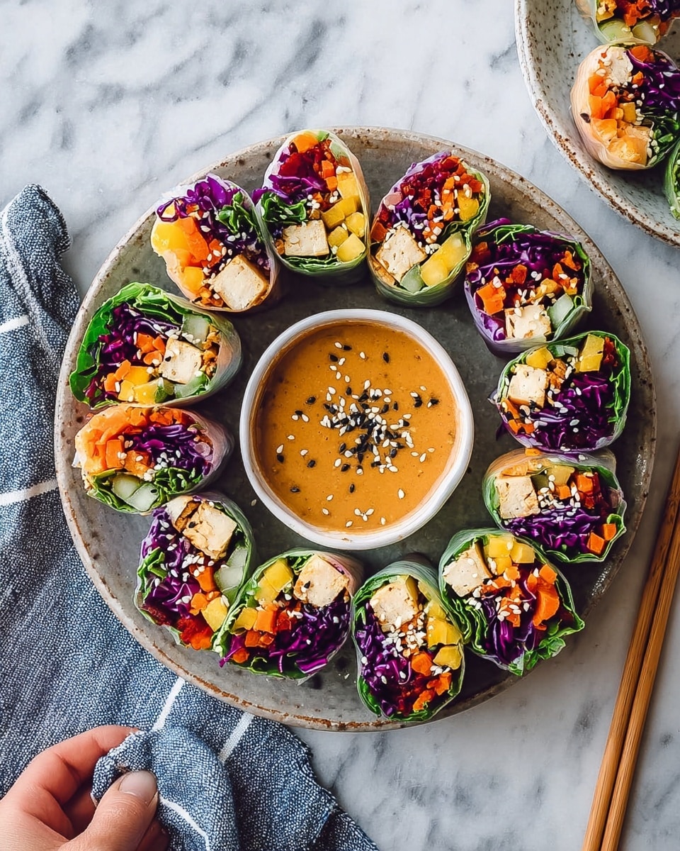 A round rustic plate holds twelve fresh spring rolls arranged in a circle, each cut in half showing layers of bright orange carrot sticks, deep purple cabbage, green leafy lettuce, cubes of golden tofu, and thin yellow bell pepper strips all wrapped in translucent rice paper with a sprinkle of white sesame seeds on top. Inside the circle of rolls, a small white bowl is filled with a creamy orange peanut sauce sprinkled with black and white sesame seeds. The plate is set on a white marbled surface, with a wooden chopstick to the right and a woman's hand holding one roll at the bottom left near a blue and white striped cloth. Photo taken with an iphone --ar 4:5 --v 7
