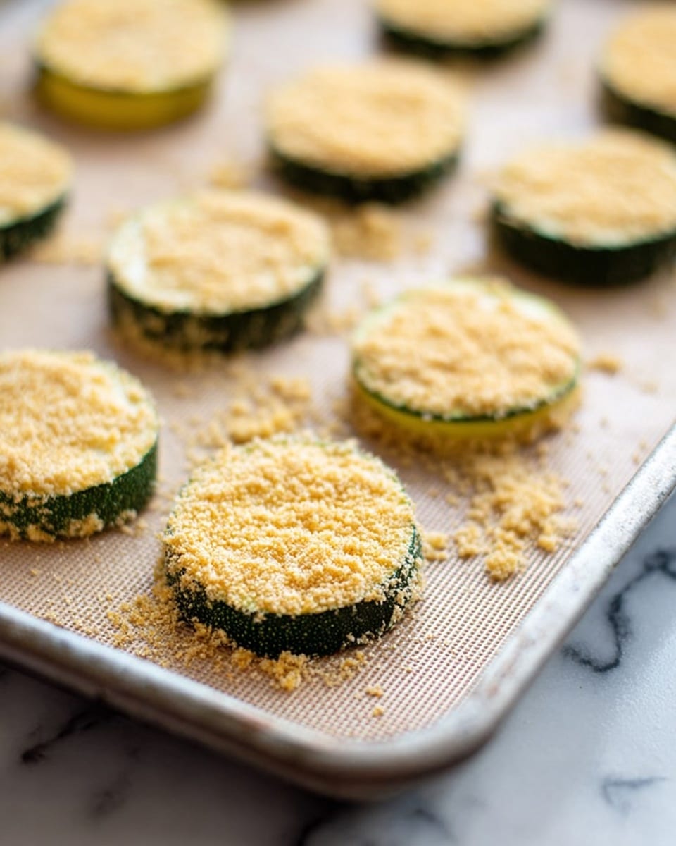 A white plate holds a stack of golden-brown fried zucchini slices, each slice coated in a crispy breadcrumb layer with small green specks of herbs on top. The zucchini inside shows a light green circle around the edges inside the crust, with a soft pale center. The zucchini rounds are placed in a slightly overlapping pile on the left side of the plate. On the right side of the plate, there is a white ramekin filled with thick red marinara sauce, richly textured. Small bits of green herbs and red pepper flakes are scattered lightly over the fried zucchini slices. The plate rests on a white marbled surface. photo taken with an iphone --ar 4:5 --v 7