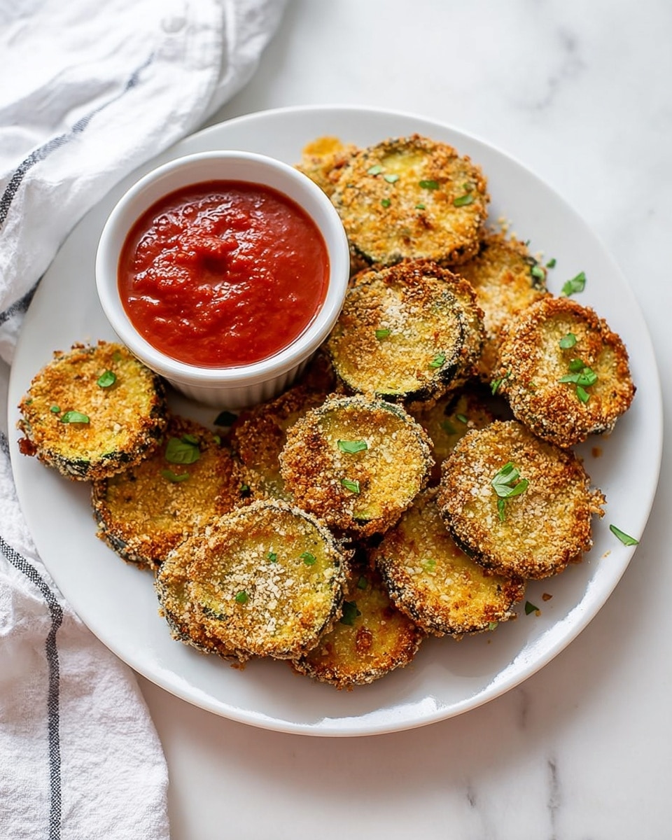 A white plate holds about thirteen round, golden brown fried zucchini slices arranged in a semi-circle. The slices have a crunchy, textured coating with small green herbs sprinkled on top, adding a touch of fresh color. A white ramekin filled with smooth red marinara sauce sits at the top left of the plate, slightly overlapping some of the zucchini. The plate is set on a white marbled surface with a white cloth with gray stripes partially visible near the top. Photo taken with an iphone --ar 4:5 --v 7