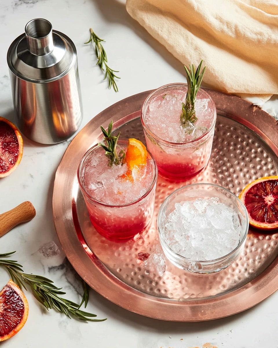 Two glasses filled with crushed ice and red-pink liquid sit on a round metal tray with copper edges on a white marbled surface. One glass has a green rosemary sprig standing up, and the second glass shows a green rosemary sprig with a bright orange slice resting on the rim. Next to them is a metal cocktail shaker with a shiny silver lid. Another clear glass filled with plain crushed ice is also on the tray. Around the tray, there are pieces of a blood orange, a wooden citrus squeezer, and some rosemary sprigs on the white marbled surface. A beige cloth is softly draped in the top right corner. Photo taken with an iphone --ar 4:5 --v 7