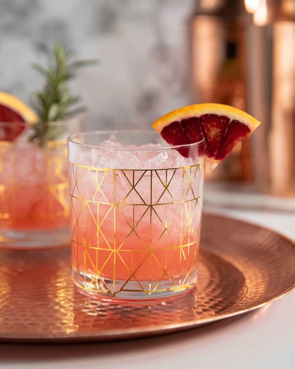 A clear glass with golden geometric lines is filled with light pink crushed ice and a pink liquid. On the rim of the glass, there is a wedge of blood orange showing deep red inside and yellow-orange peel outside. The glass sits on a shiny hammered copper tray with a round shape. In the background, there is a second glass with the same pattern and a sprig of green rosemary inside. The setting has a white marbled texture and a copper mixer is softly blurred behind the glasses. Photo taken with an iphone --ar 4:5 --v 7