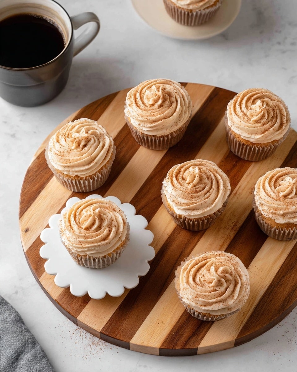 The image shows six cupcakes on a round wooden board with light and dark brown stripes. Each cupcake has one layer of light beige frosting with a smooth, swirled texture on top, sprinkled with a fine dust of cinnamon or cocoa powder, giving a slightly reddish-brown color on the cream. One cupcake sits on a small, white scalloped-edge plate placed on the board. In the corner, there is a white cup filled with black coffee, all set on a white marbled surface. A woman's hand is slightly visible holding the white plate. photo taken with an iphone --ar 4:5 --v 7