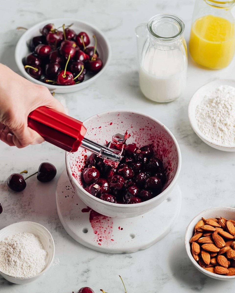 A woman's hand is using a red cherry pitter over a white bowl with red berry juice splattered inside. The bowl holds pitted cherries, dark red and juicy. Around the bowl, on a white marbled surface, are small white dishes and clear bowls containing white powder, flour, whole dark red cherries, sliced almonds, milk in a glass jar, and a yellow liquid. The scene looks clean and bright with a focus on the fresh cherries and the woman's hand in action. Photo taken with an iphone --ar 4:5 --v 7