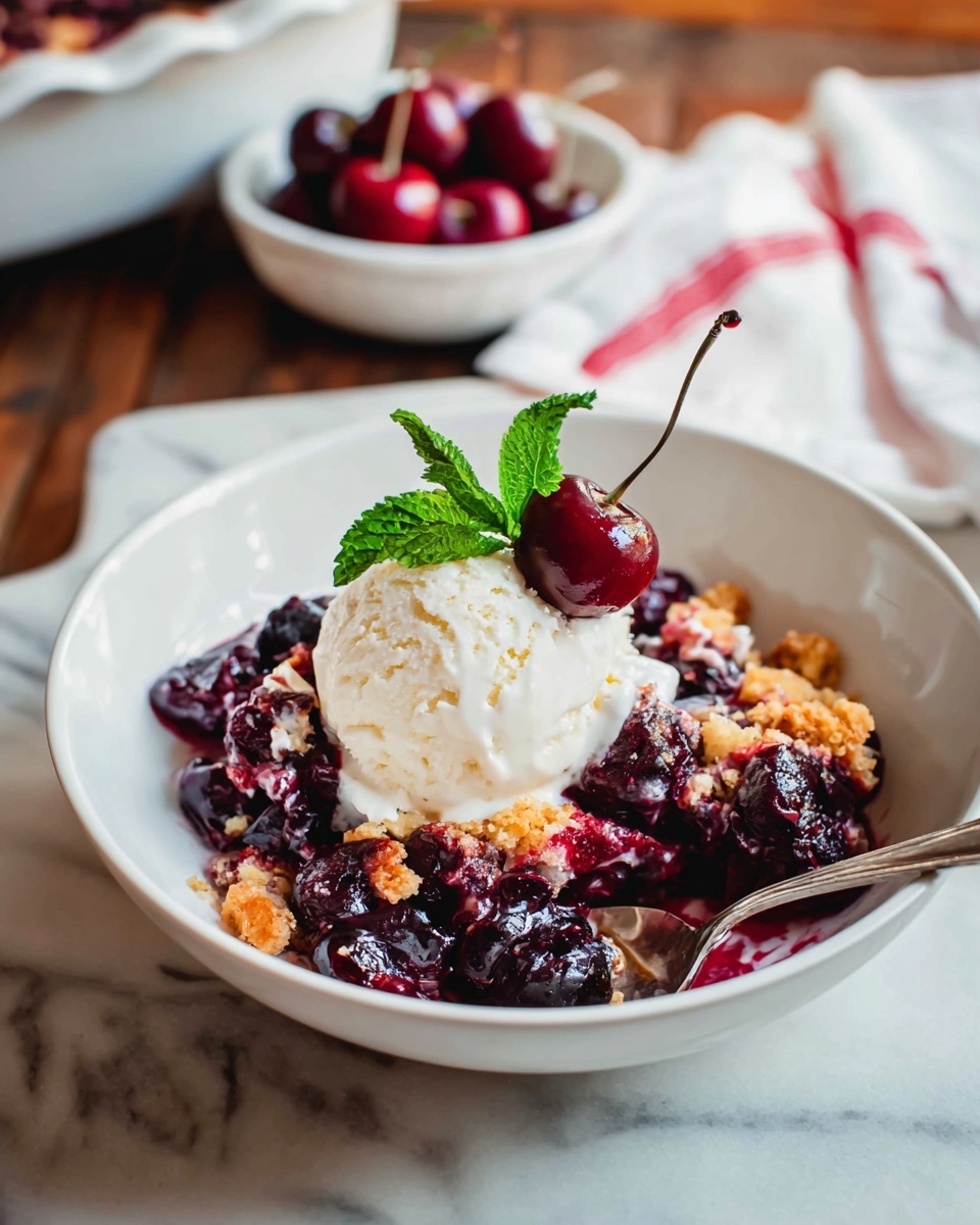 A white bowl holds a dessert with three layers: the bottom layer is a chunky mix of dark red and purple cherries with a shiny, juicy texture; the middle layer is a crumbly golden crust with bits of crust scattered around; the top layer is a scoop of creamy, white ice cream, crowned with a small fresh green mint leaf and a half cherry with its seed visible on the side. A silver spoon rests inside the bowl, with a small amount of ice cream on it. The scene has a white marbled tabletop, and there is a white dish with cherries and a white cloth with a red stripe in the blurred background. Photo taken with an iphone --ar 4:5 --v 7