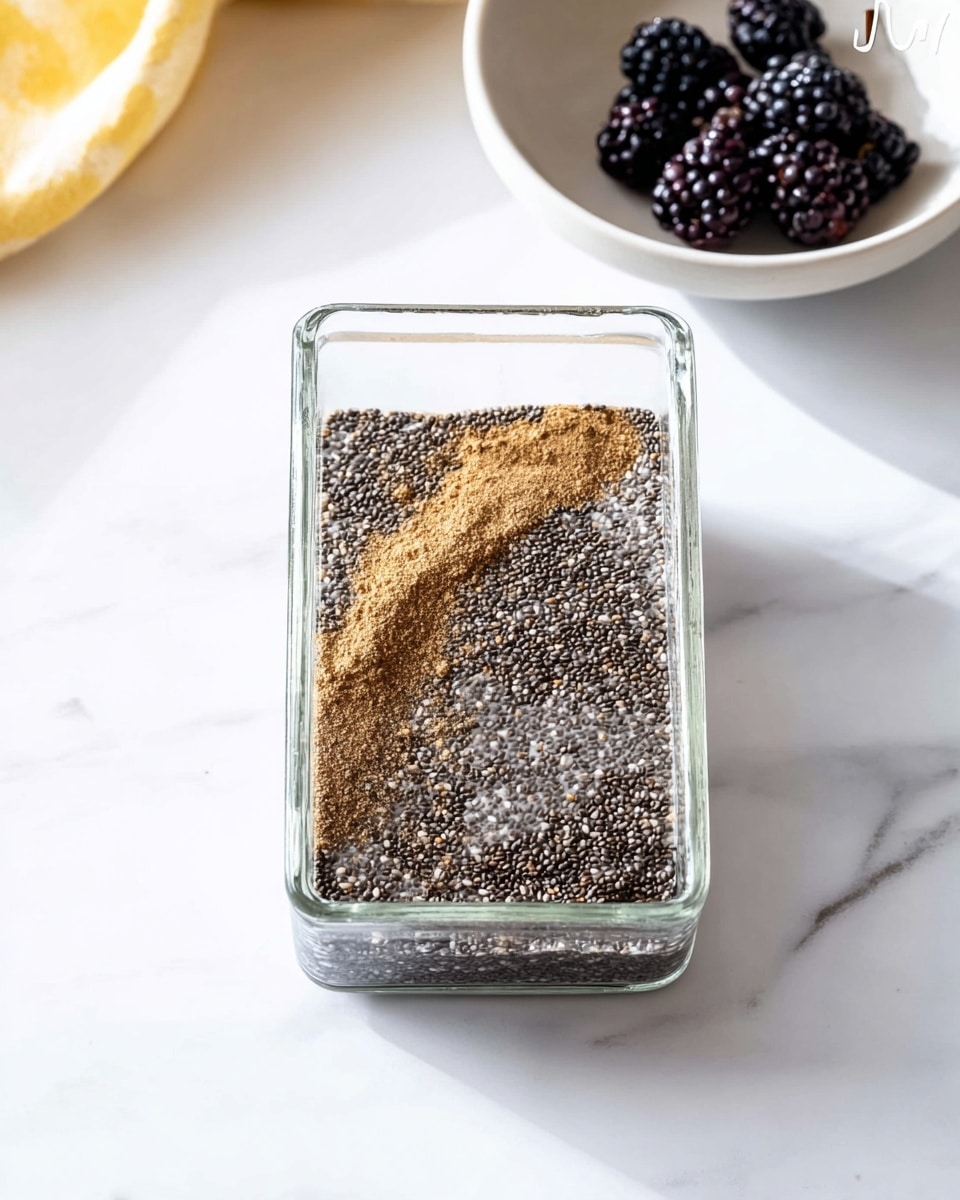 A clear rectangular glass container sits on a white marbled surface, filled with a thick mixture of small, dark chia seeds soaked in liquid, creating a textured dark gray base layer. On top of this, a light brown powder is sprinkled in a curved line stretching from the top center to the bottom center of the container, giving a coarse texture contrast. Nearby, a white round bowl holds several dark and plump blackberries, adding a hint of deep purple color to the scene. The whole setting is bright and clean, with natural light highlighting the ingredients photo taken with an iphone --ar 4:5 --v 7
