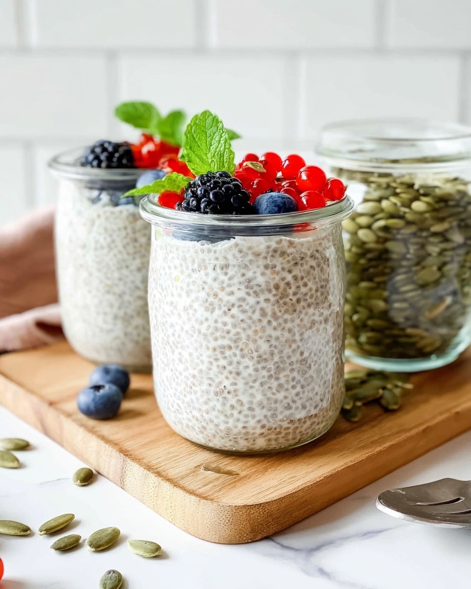 Two clear glass jars sit on a light wooden board over a white marbled surface. Each jar is filled with creamy chia seed pudding, with a textured look from soaked chia seeds throughout. The front jar is topped with small red berries, blueberries, a single blackberry, and a small bunch of bright green mint leaves. The jar in the background also has a similar berry and mint topping. To the right, a third clear glass jar is filled with green pumpkin seeds. Scattered pumpkin seeds and blueberries lie on the board around the jars. The scene is bright and clean with a white tiled wall in the background. Photo taken with an iphone --ar 4:5 --v 7