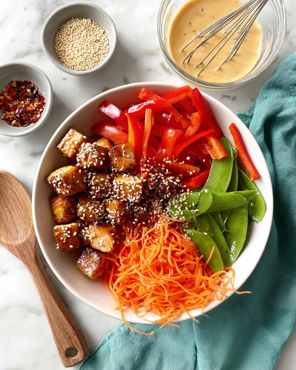 A white bowl with four layers of food on a white marbled surface is shown. The first layer consists of small, browned grilled chicken pieces lightly drizzled with a creamy beige sauce and sprinkled with sesame seeds, placed on the left side. To the right of the chicken are bright red bell pepper slices, also drizzled with the sauce. Below the peppers are fresh, green snap peas with the same sauce drizzled lightly. The last layer at the bottom left side of the bowl consists of thin julienned orange carrots with sauce on top. Surrounding the bowl are small dishes holding sesame seeds and red chili flakes, a spoon with sauce, and a glass bowl with more of the beige sauce. A wooden spoon rests on a teal cloth next to the bowl. Photo taken with an iphone --ar 4:5 --v 7