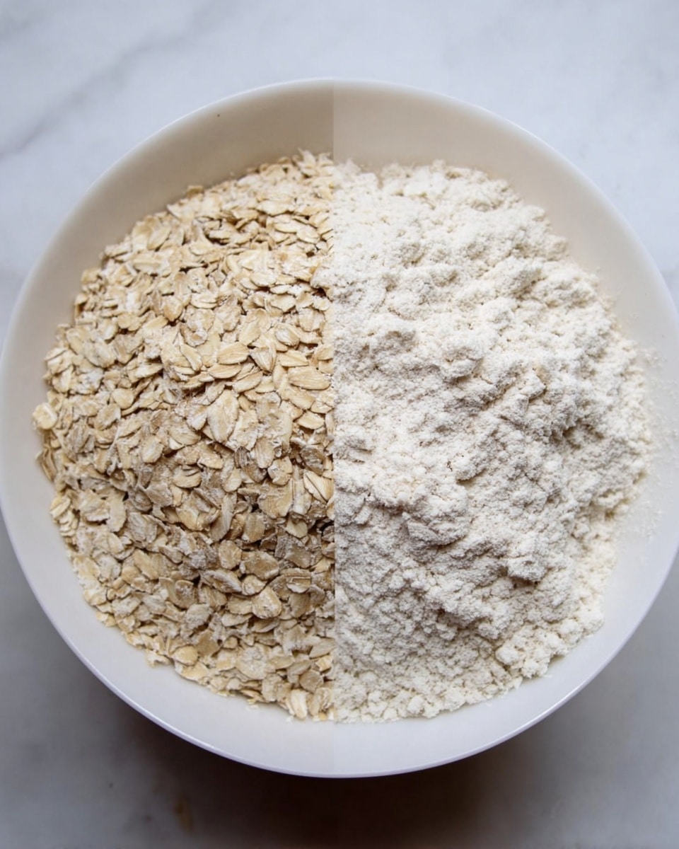 A white bowl containing two dry layers side by side: on the left, light beige rolled oats with a rough texture, and on the right, finely ground pale white flour with a smooth, powdery surface. Both layers fill about half of the bowl, meeting in the middle. The setup is on a white marbled surface. Photo taken with an iphone --ar 4:5 --v 7
