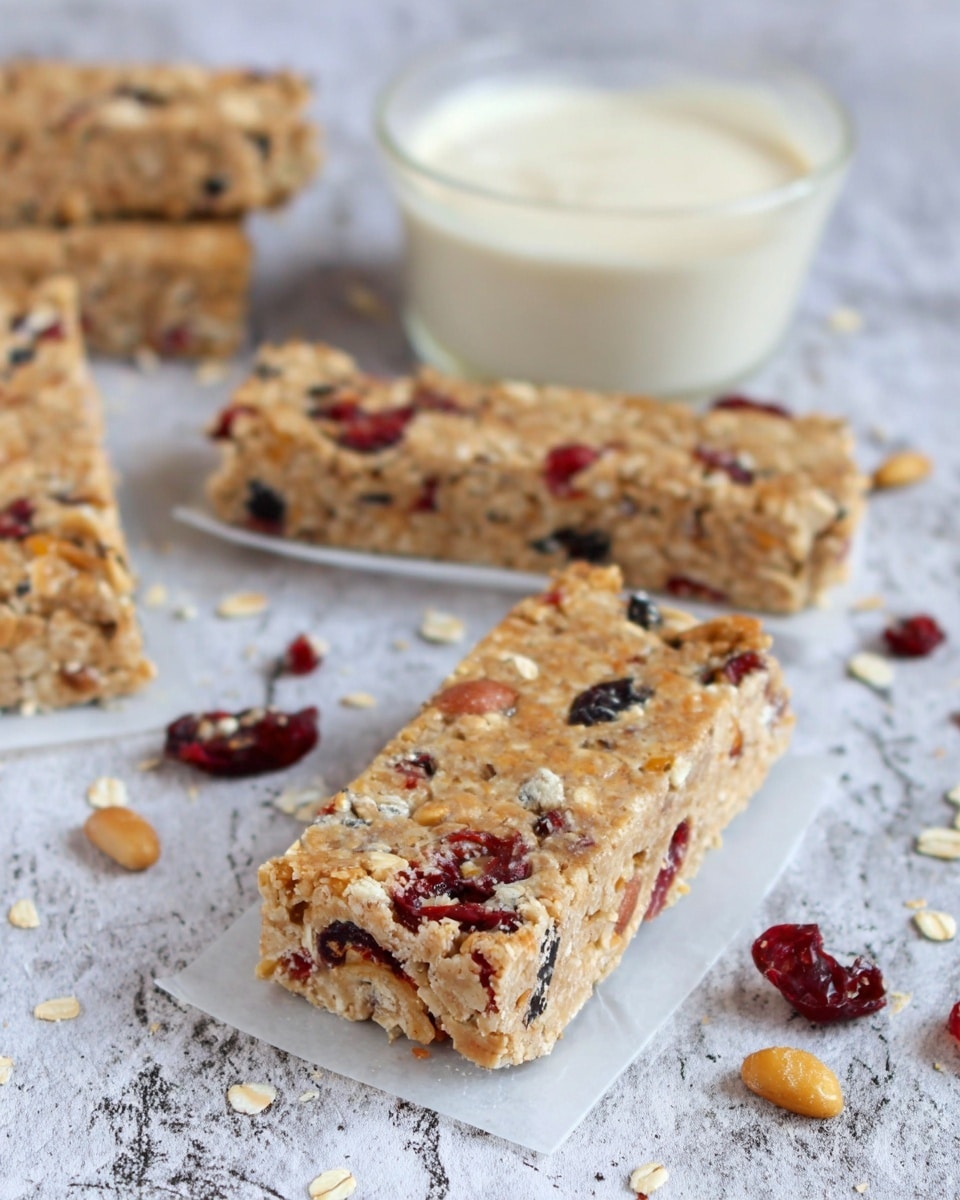The image shows several rectangular granola bars with a crumbly texture, filled with visible pieces of nuts, oats, and dried red and dark berries. The bars are placed on a white marbled surface, some resting on small rectangular white papers. There are loose dried berries scattered around the bars, and a small white container filled with a creamy substance is slightly blurred in the background. The colors include light brown from the granola, reddish and dark berry spots, and a creamy white container behind. photo taken with an iphone --ar 4:5 --v 7
