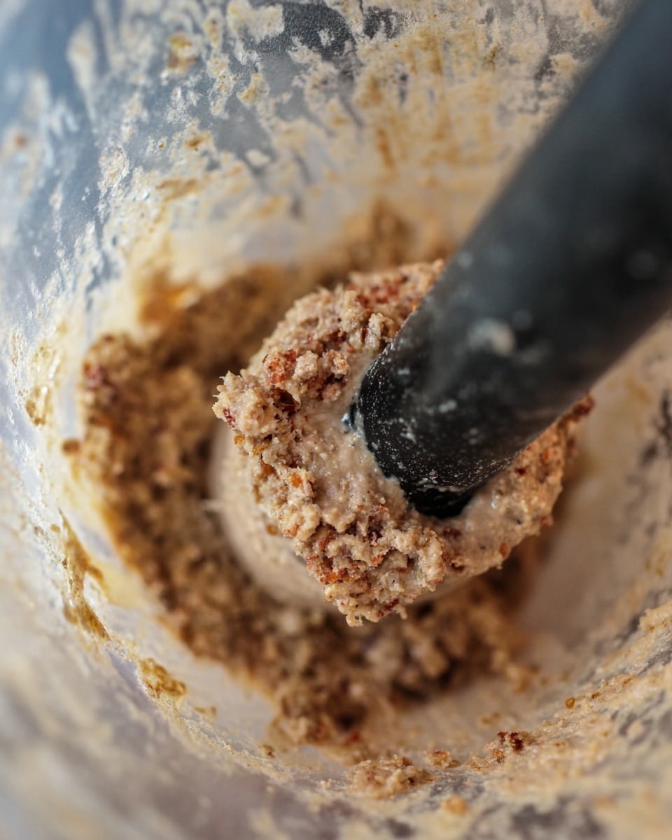 The image shows a close-up of a small amount of thick, coarse mixture with light brown and reddish bits inside a clear container. The mixture is wrapped around a black cylindrical tool in the center, which is being pressed down into the container. The background is a white marbled texture. Photo taken with an iphone --ar 4:5 --v 7