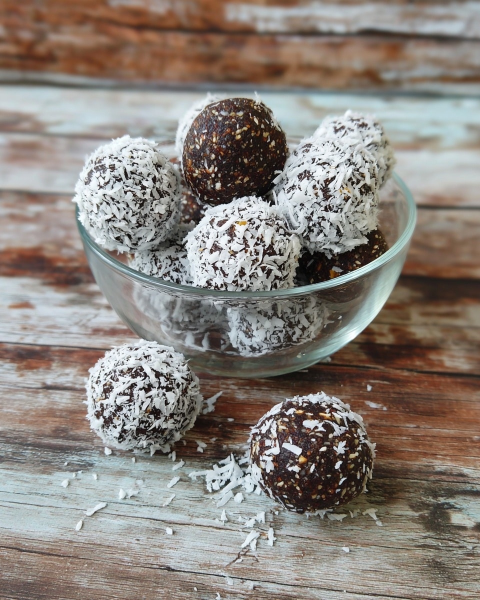 A clear glass bowl is filled with round dark energy balls, some fully covered with white shredded coconut flakes, while others show their textured dark brown mix with bits of oats and nuts. A few balls are placed outside the bowl on a rustic wooden surface. The scene is set on a white marbled texture background. photo taken with an iphone --ar 4:5 --v 7