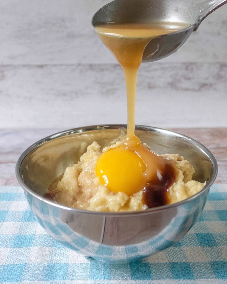 A close-up view of a shiny silver metal bowl containing a mixture with soft, light beige lumpy mashed bananas, a raw yellow egg yolk, and dark brown vanilla or syrup spots at the bottom. Above the bowl, a silver ladle holds a thick light honey-colored syrup dripping down into the bowl. The bowl is set on a light blue and white checked cloth, all placed on a white marbled textured surface. Photo taken with an iphone --ar 4:5 --v 7