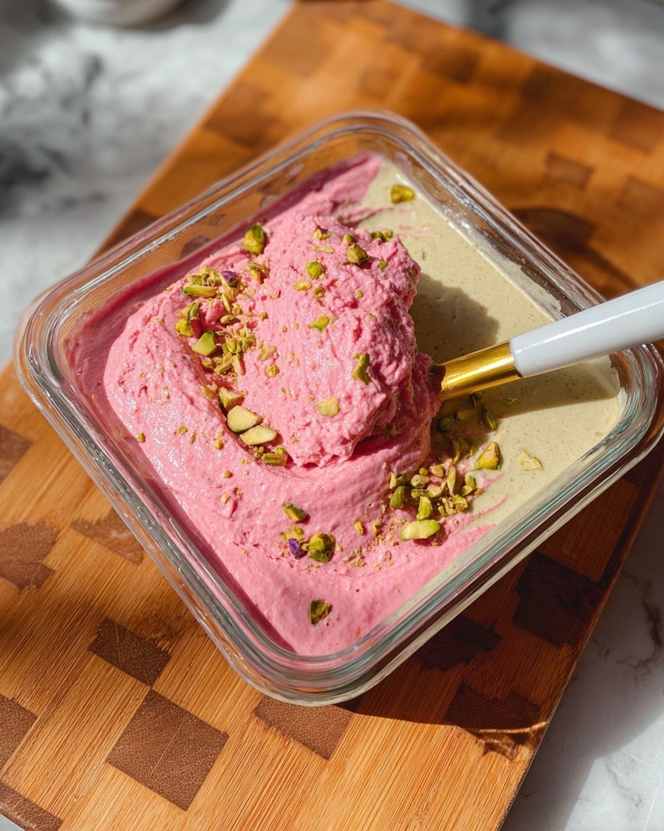 A close-up shows a scoop of thick, light pink creamy dessert held by a spoon with a white handle and gold neck. The top of the scoop is sprinkled with small pieces of chopped green and brown nuts. The dessert has two visible layers in a clear square container: the bottom layer is creamy beige with specks, and the top layer is thick pink cream with more nut pieces scattered on it. The container sits on a white marbled surface with soft, warm lighting and a blurred beige fabric background. photo taken with an iphone --ar 4:5 --v 7