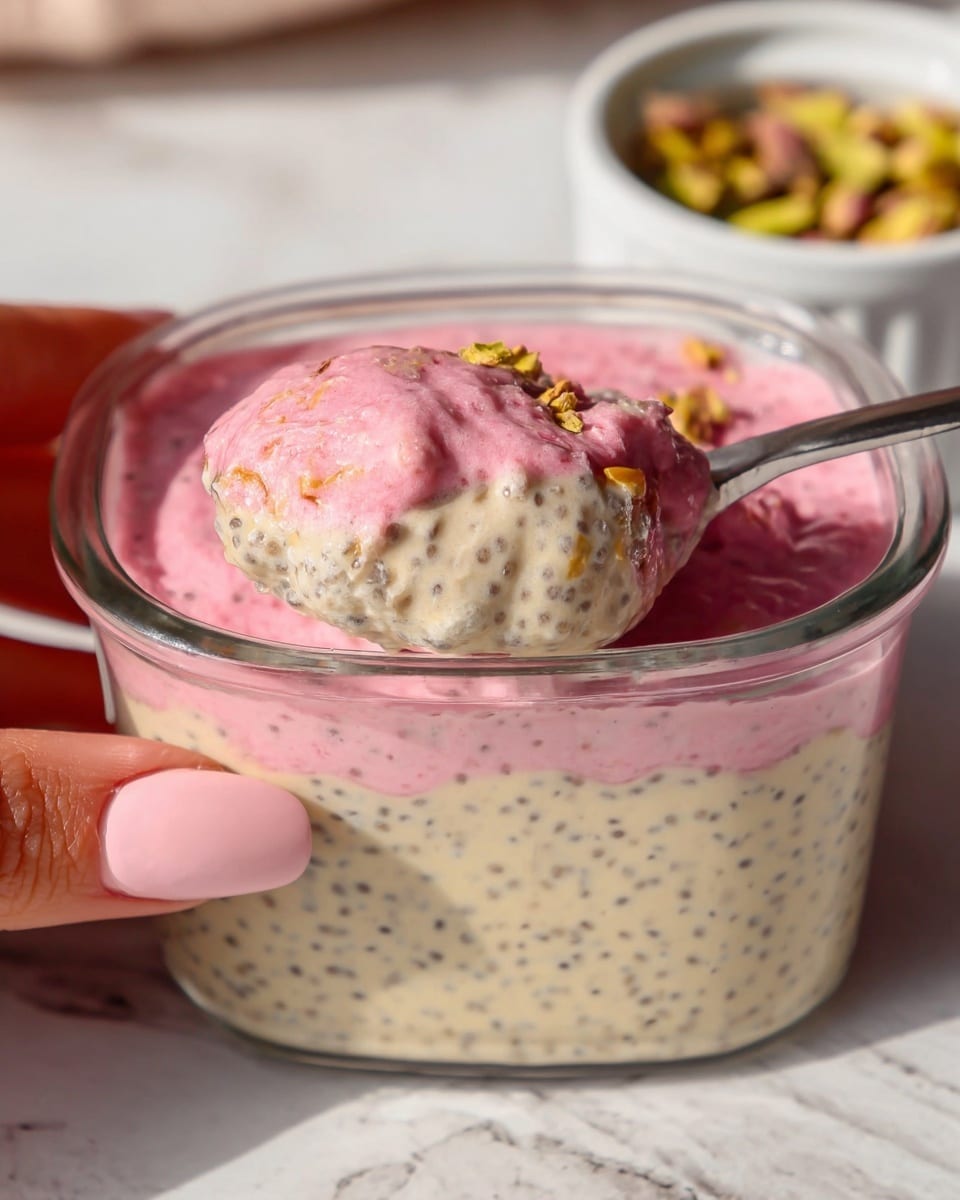 A clear square glass container holds a two-layer creamy dish; the bottom layer is beige with a smooth, slightly textured look, while the top layer is bright pink with a fluffy, airy texture. The pink layer is sprinkled with small chopped green pistachios. A white-handled spoon with a gold neck scoops into the pink layer on the right side of the container. The container is placed on a wooden cutting board with a checkered pattern, and the background is a white marbled texture. Warm sunlight highlights the colors vividly. Photo taken with an iphone --ar 4:5 --v 7