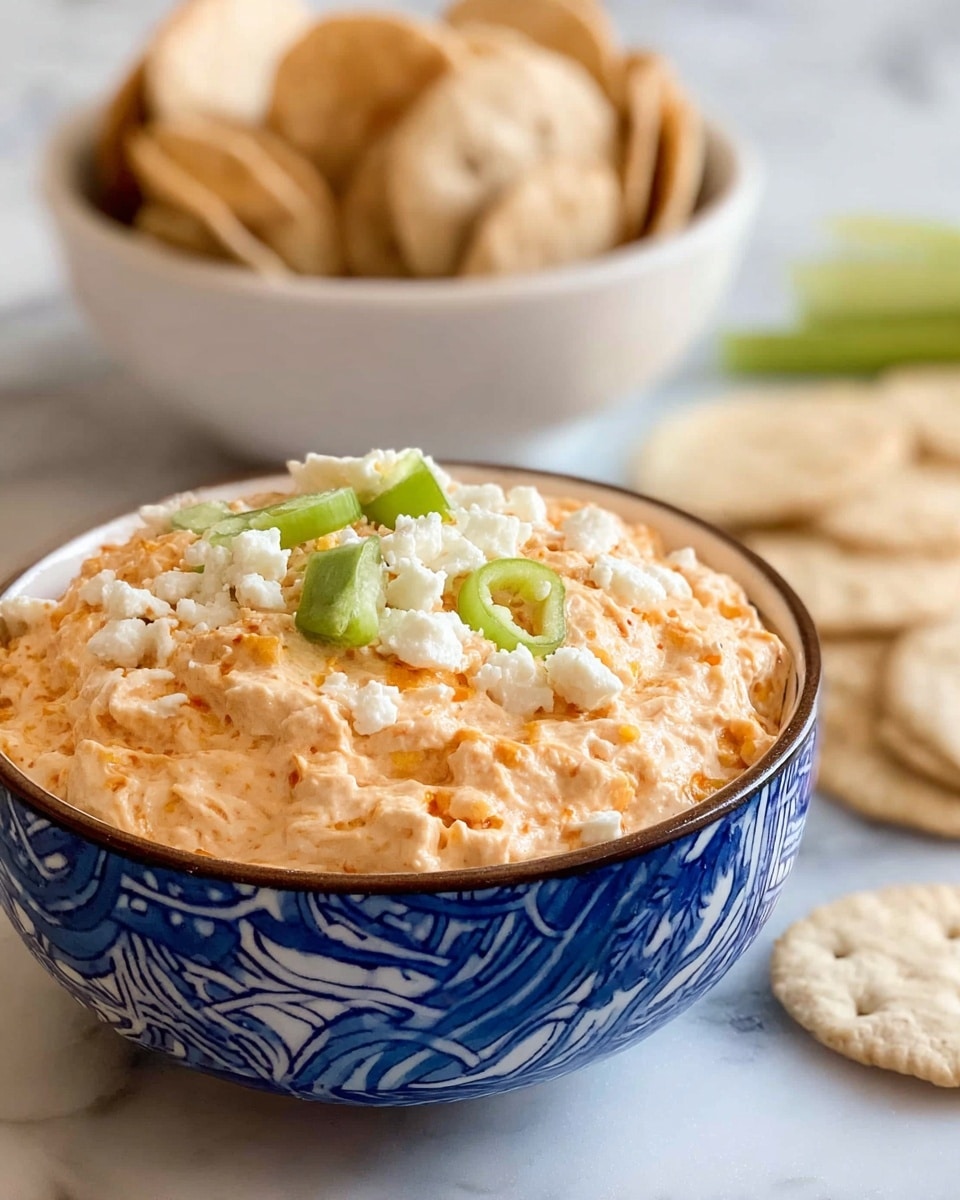 A blue and white bowl holds a creamy orange dip with a slightly chunky texture. On top, small pieces of white cheese and green chopped peppers are scattered, adding color contrast. Behind the bowl, there is a white bowl filled with round pita chips, while additional pita chips lie scattered on a white marbled surface next to the bowls. The photo is taken close up, focusing on the dip. photo taken with an iphone --ar 4:5 --v 7