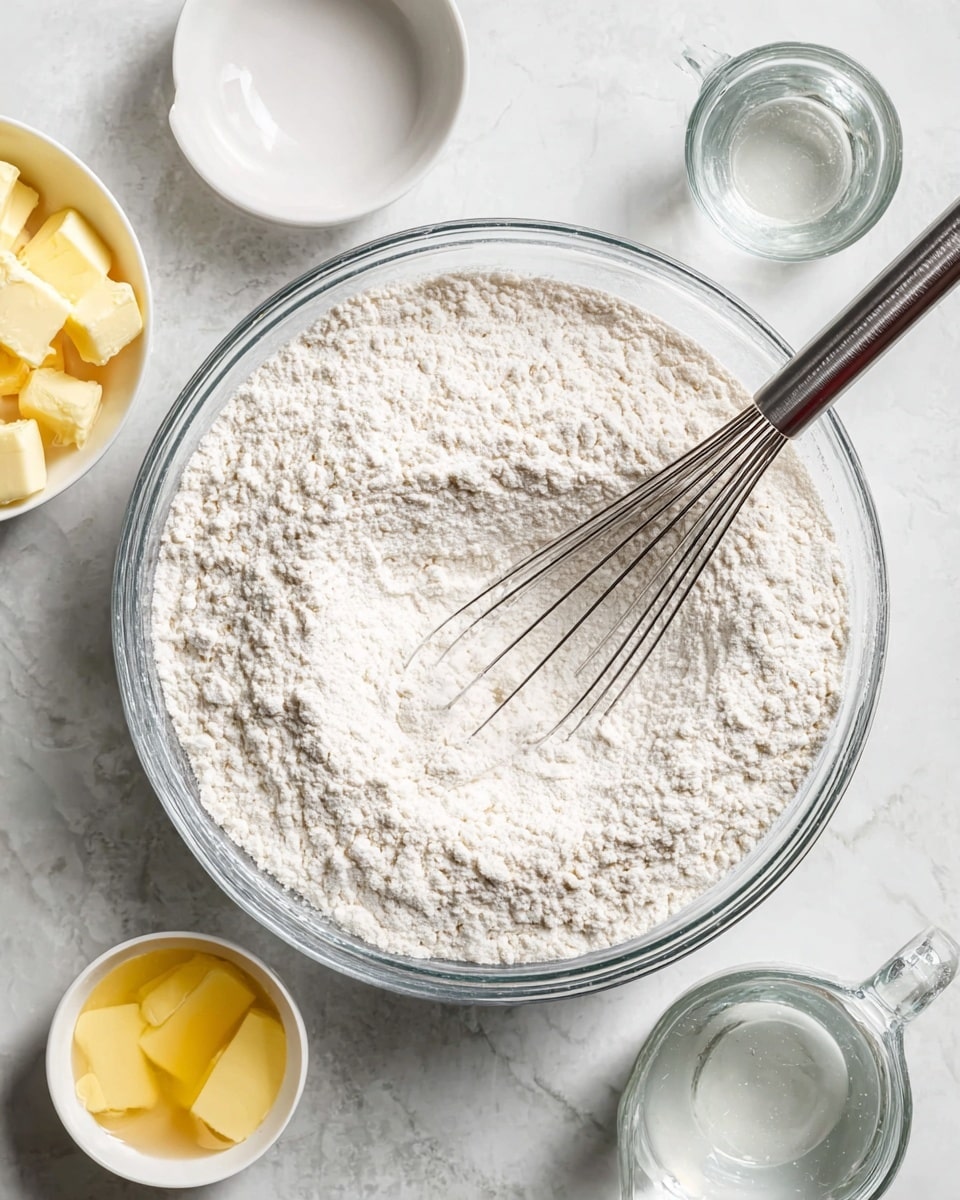 A clear glass bowl filled with white flour that covers the entire inside surface, with a metal whisk resting lightly on top of the flour. Surrounding the bowl on a white marbled surface are small white bowls containing two cracked raw eggs, several chunks of yellow butter, and a measuring cup with clear water. The scene is bright and clean, with soft light and natural shadows showing the fine texture of the flour and the smooth surface of the liquids and butter. photo taken with an iphone --ar 4:5 --v 7