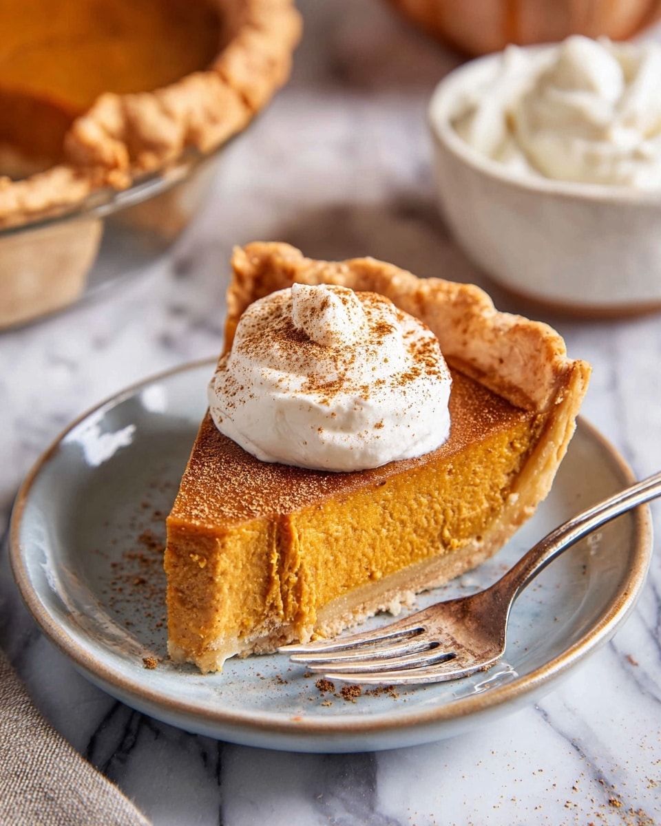 A slice of pumpkin pie sits on a white plate with a light blue rim, showing three layers: a thick, golden-brown crust on the bottom and edges, a smooth, dense orange pumpkin filling in the middle, and a dollop of white whipped cream topped with a light dusting of brown spice powder on top in the center. A fork with a piece of the pie is placed to the right of the slice. In the background, there is a bowl of white whipped cream and part of a pumpkin pie visible on a white marbled surface. Photo taken with an iphone --ar 4:5 --v 7