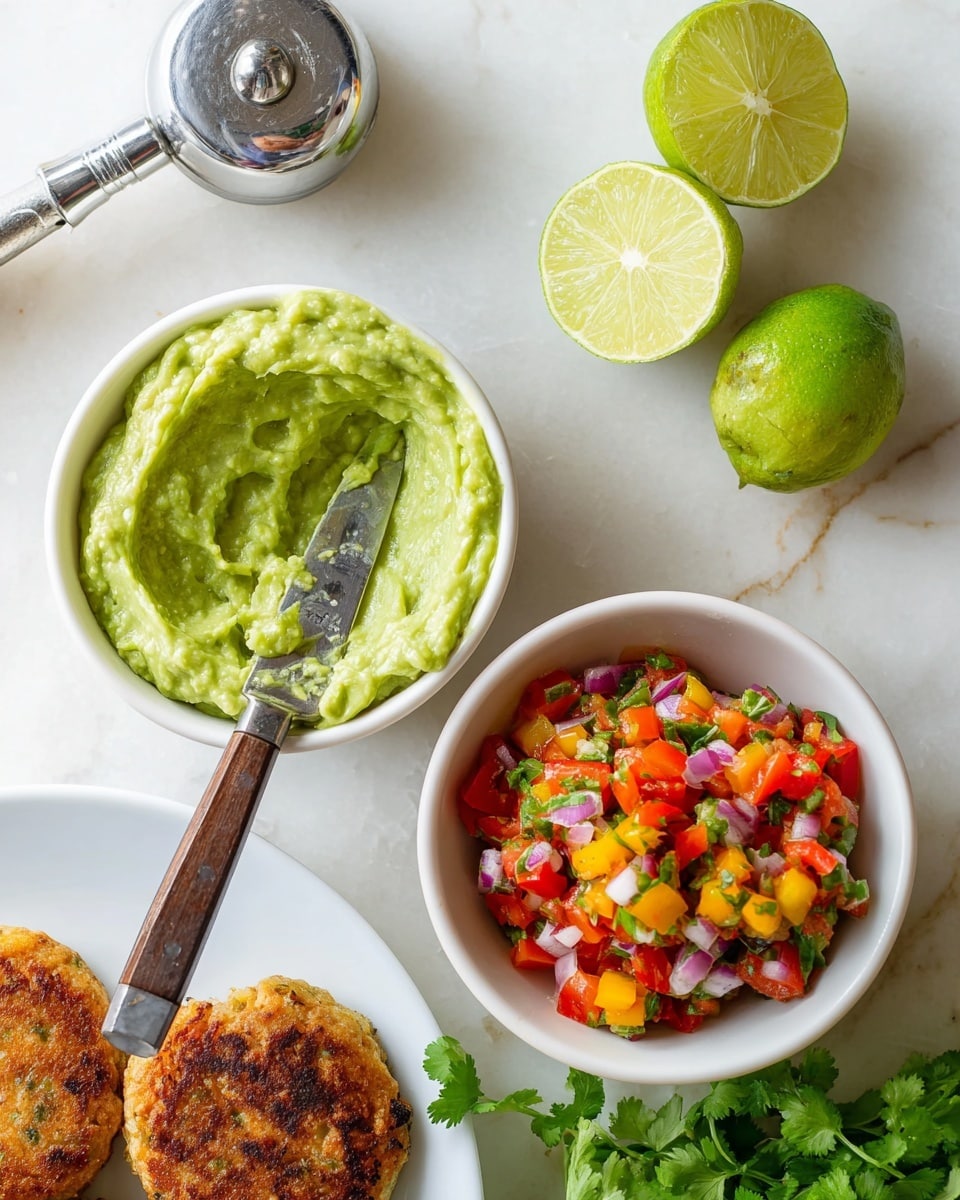 The image shows a white bowl filled with smooth, green guacamole with a knife resting on its edge, some guacamole spread on the knife blade. Next to it is another white bowl containing a colorful salsa made of chopped red tomatoes, yellow bell peppers, finely diced red onions, and green herbs, with a spoon inside. Above the bowls, there are halved squeezed limes placed next to a metallic citrus squeezer. In the bottom left corner, part of a white plate with two golden brown patties is visible, and fresh green cilantro leaves lie near the salsa bowl. All items are arranged on a white marbled surface. Photo taken with an iphone --ar 4:5 --v 7