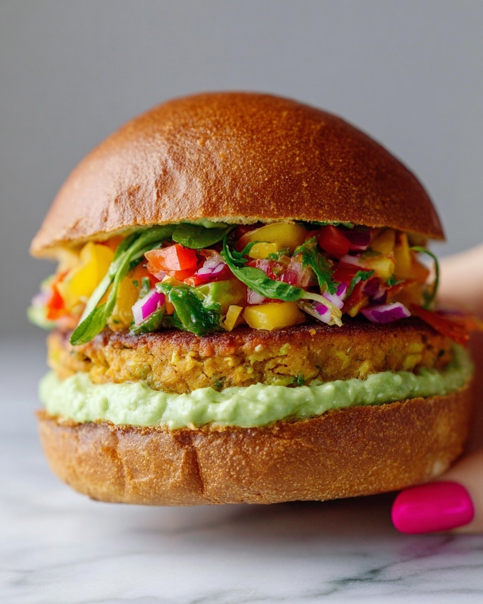 A close-up image shows a sandwich  with bright pink nails. The sandwich has four layers: the top is a smooth shiny brown bun, followed by a colorful layer of finely chopped red, yellow, and green vegetables with small pieces of red onion. Below is a golden-brown cooked patty with a textured surface, and the bottom layer is a thick spread of light green creamy sauce. The sandwich is set against a white marbled background. Photo taken with an iphone --ar 4:5 --v 7