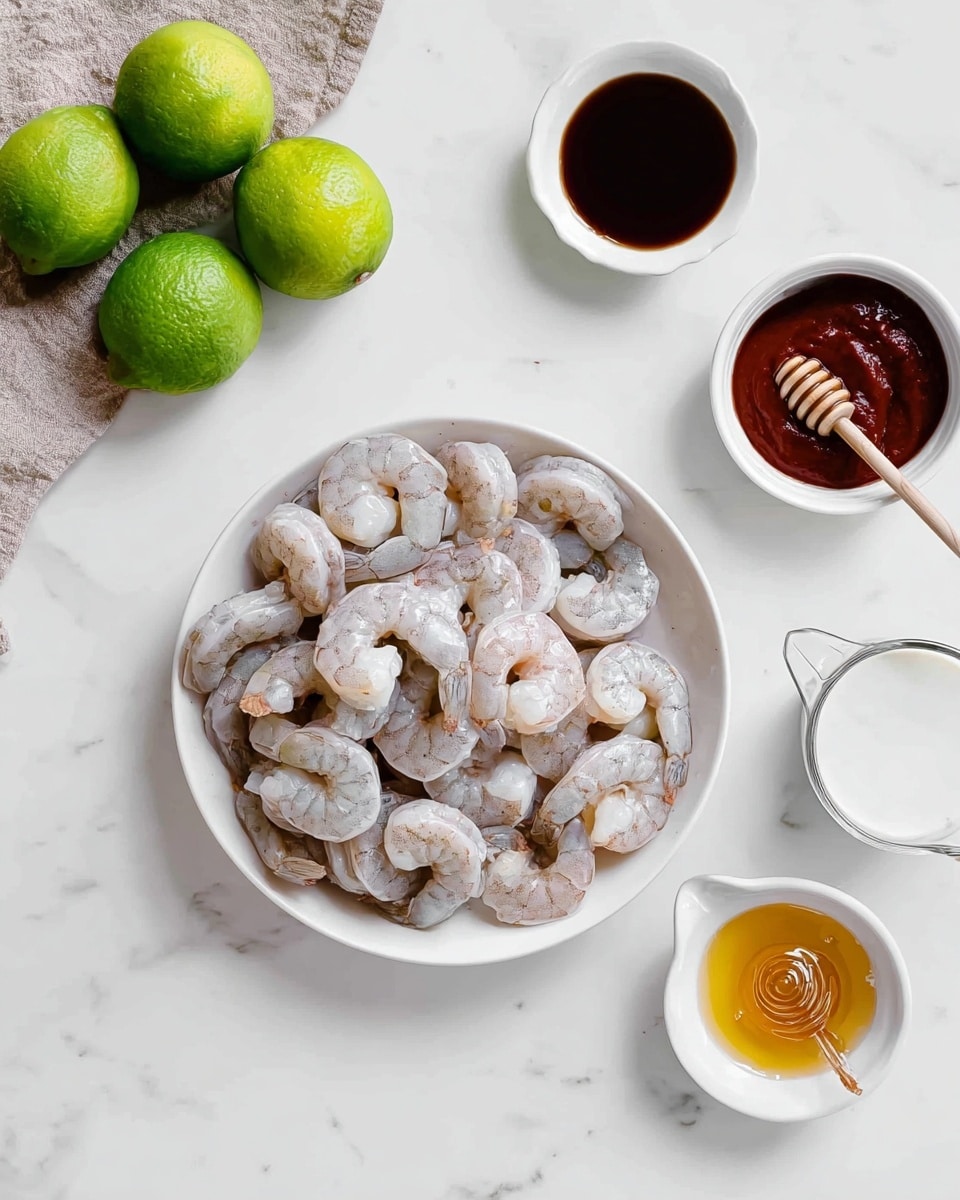 The image shows a wooden skewer with five cooked shrimp arranged vertically, each shrimp light pink with slight char marks and some light yellow-green zest sprinkled on top. The shrimp are curved with their tails bright orange and slightly crispy. In the background, there are more shrimp skewers stacked on a white plate that sits on a white marbled surface, slightly out of focus. The overall colors are warm with shades of pink, orange, and light green zest standing out against the neutral white background. Photo taken with an iphone --ar 4:5 --v 7