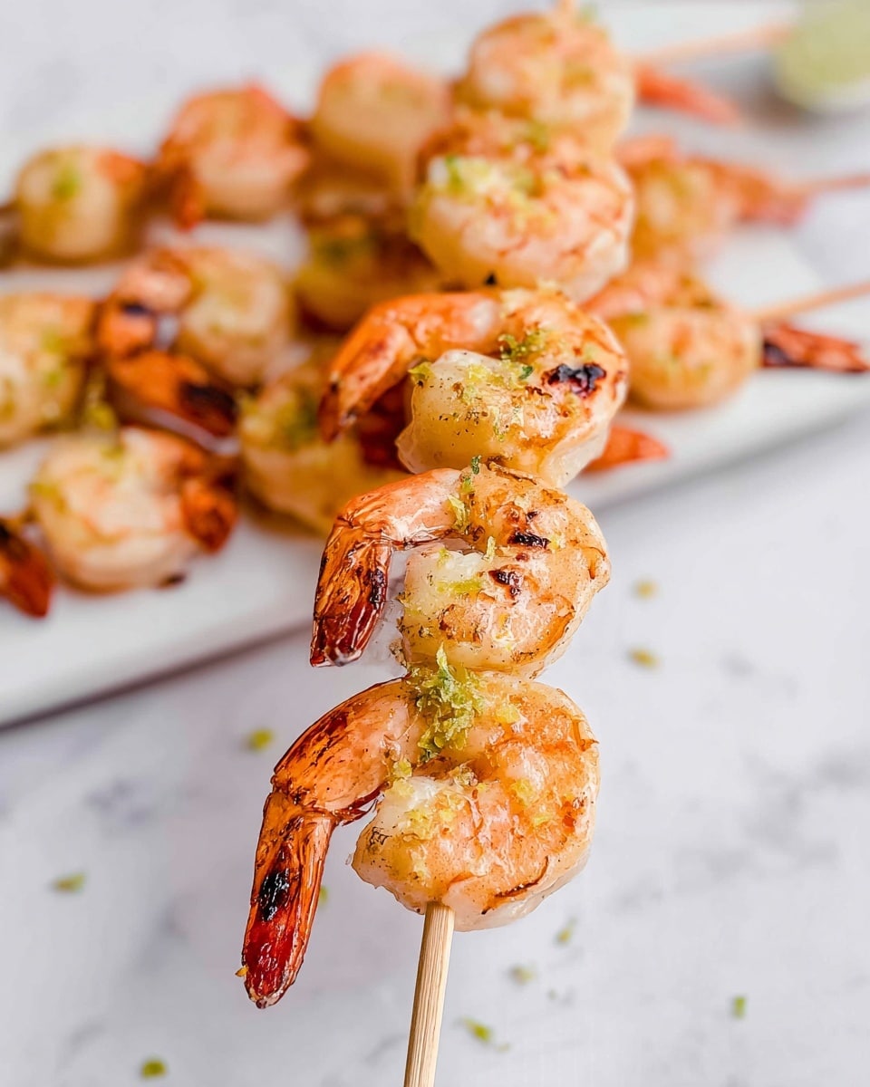 A white rectangular plate is filled with multiple wooden skewers holding three to five grilled shrimp each. The shrimp are light orange with darker char marks near the tails, showing a slightly rough texture. Small lime wedges with bright green skin and pale green inside are placed between the shrimp skewers. Tiny bits of shredded lime zest are sprinkled over the shrimp and plate, adding a fresh green contrast. The plate sits on a white marbled surface. photo taken with an iphone --ar 4:5 --v 7